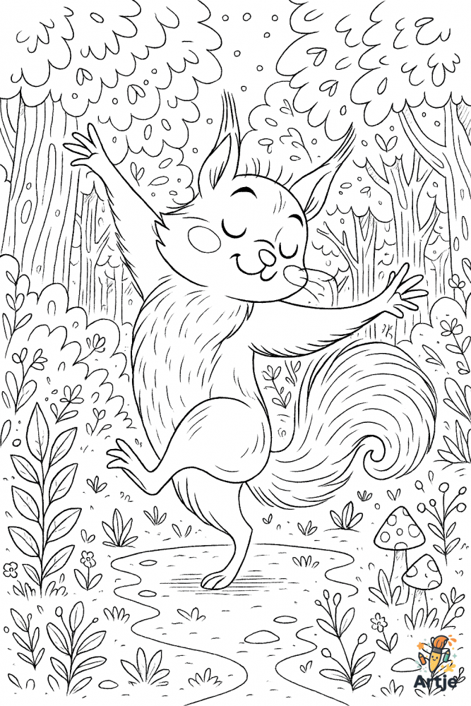 Verspieltes Eichhörnchen tanzt durch den Wald – detailreiches Ausmalbild für Kinder, die Natur und Tiere lieben.