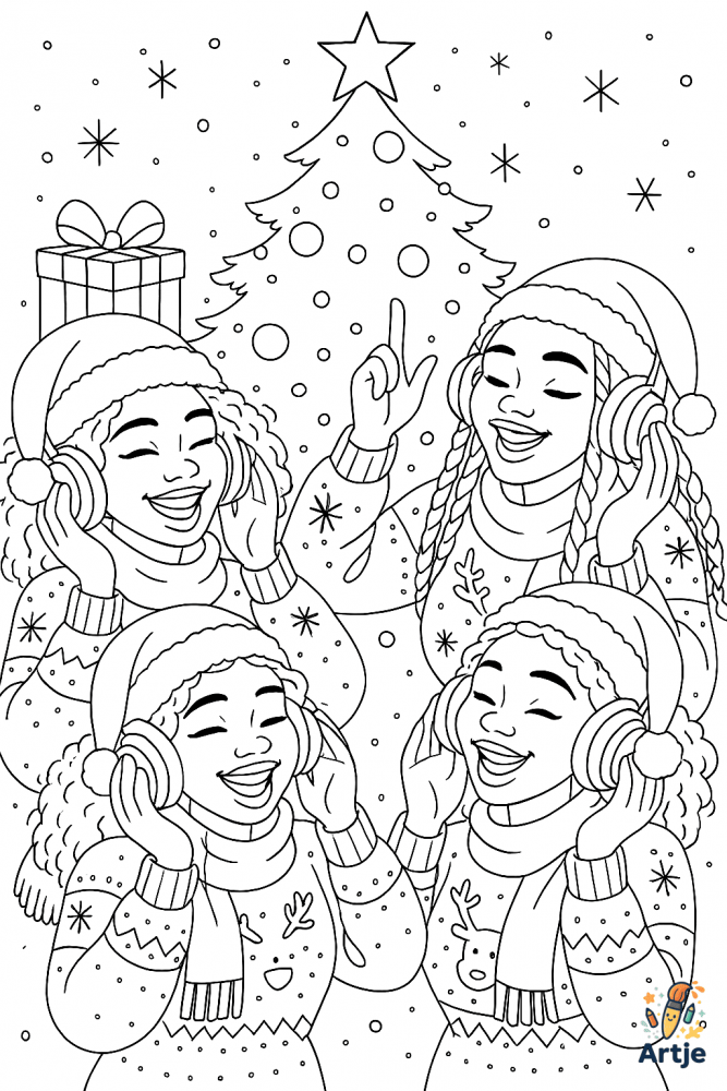Mädchen singen Weihnachtslieder vor dem Baum – modernes und fröhliches Ausmalbild für Kinder und Familien.