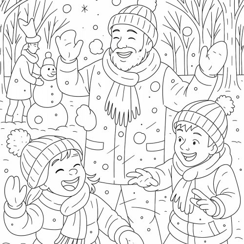 Ausmalbild Kinder spielen Schneeballschlacht