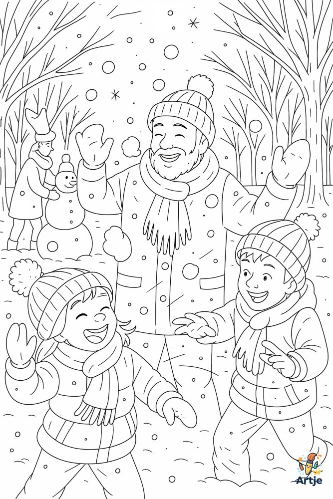 Ausmalbild Kinder spielen Schneeballschlacht