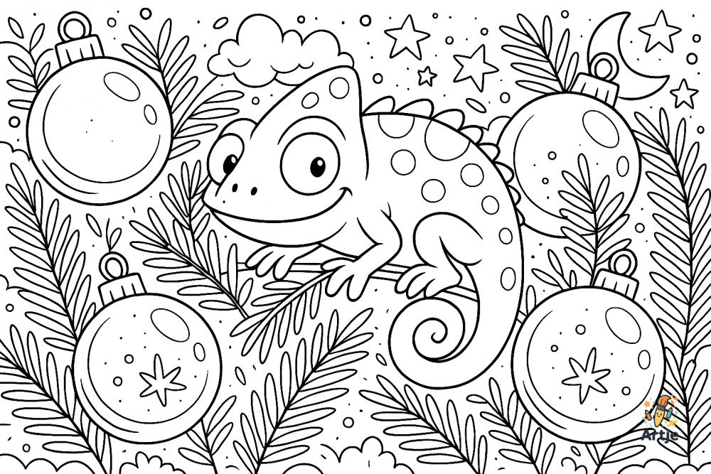 Lustiges Chamäleon zwischen Christbaumkugeln – kreatives Weihnachts Ausmalbild für Kinder.