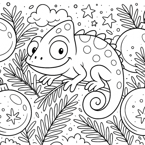 Lustiges Chamäleon zwischen Christbaumkugeln – kreatives Weihnachts Ausmalbild für Kinder.