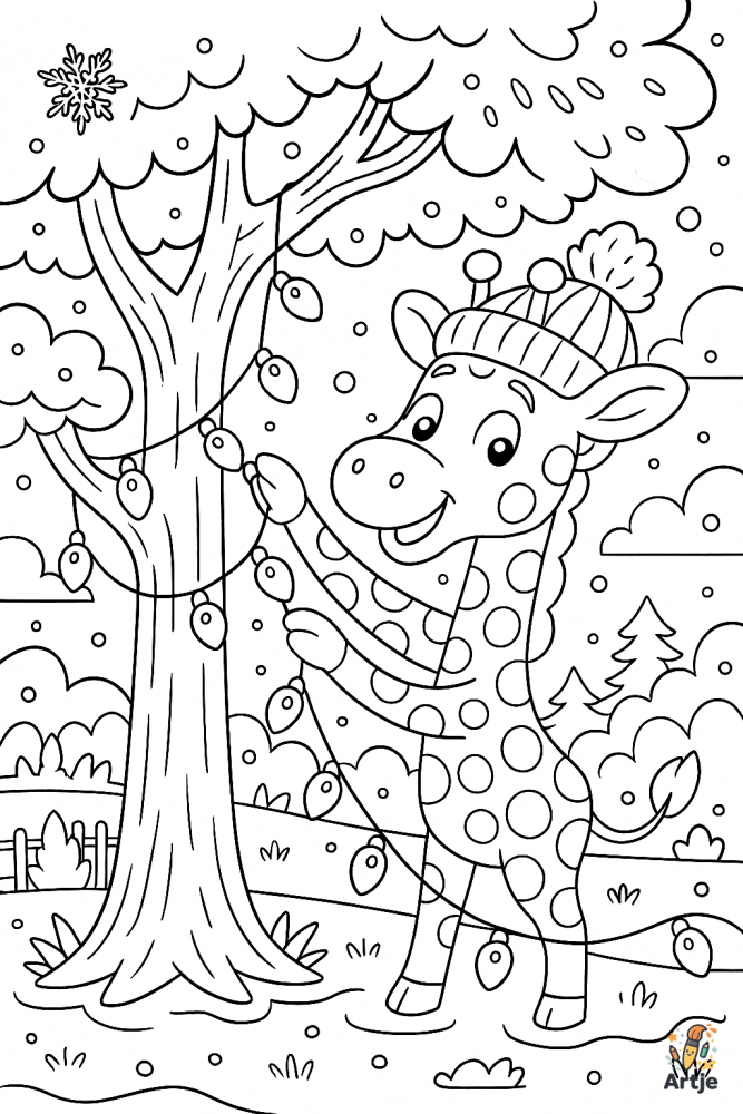 Lustige Giraffe mit Mütze schmückt den Baum mit Lichtern – kreatives Ausmalbild für Kinder zur Weihnachtszeit.