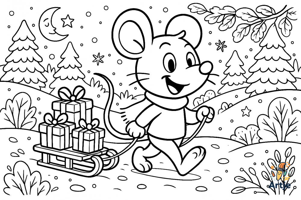 Kleine Maus zieht Schlitten mit Geschenken – herziges Winter Ausmalbild für Kinder.