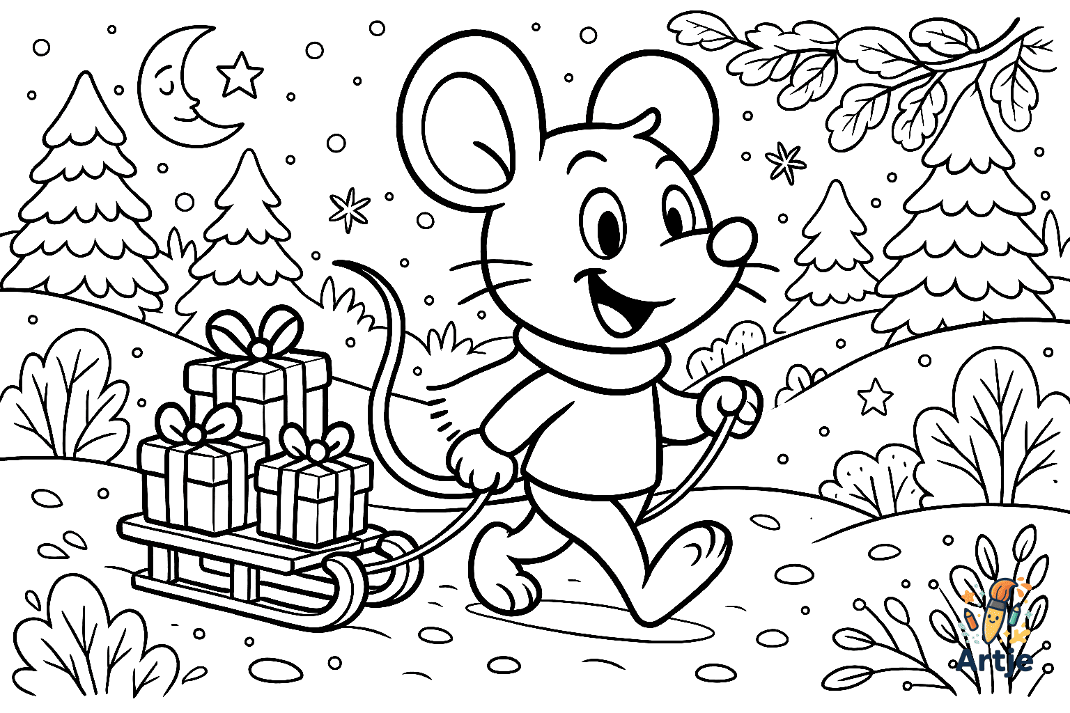Kleine Maus zieht Schlitten mit Geschenken – herziges Winter Ausmalbild für Kinder.