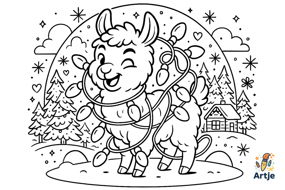 röhliches Lama mit Weihnachtslichtern – witziges und farbenfrohes Ausmalbild für Kinder.