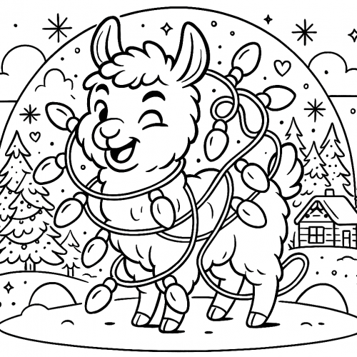 röhliches Lama mit Weihnachtslichtern – witziges und farbenfrohes Ausmalbild für Kinder.