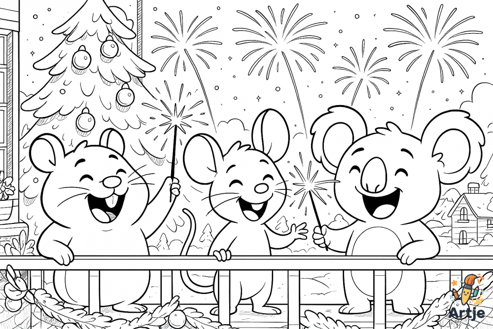 Lustiges Ausmalbild mit Tieren, Wunderkerzen und Feuerwerk – perfekt zum Jahreswechsel für Kinder und Familien.