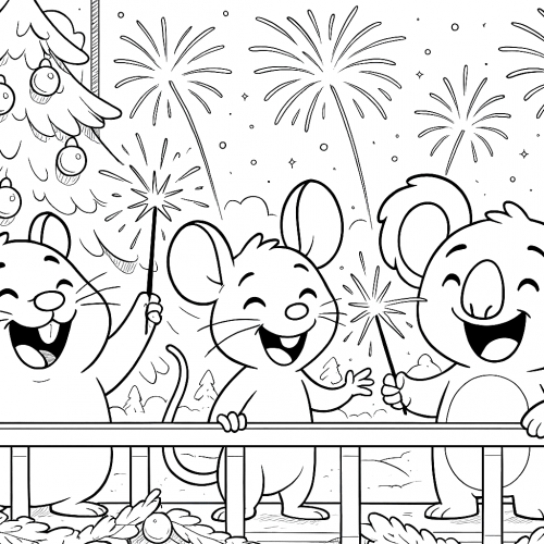 Lustiges Ausmalbild mit Tieren, Wunderkerzen und Feuerwerk – perfekt zum Jahreswechsel für Kinder und Familien.