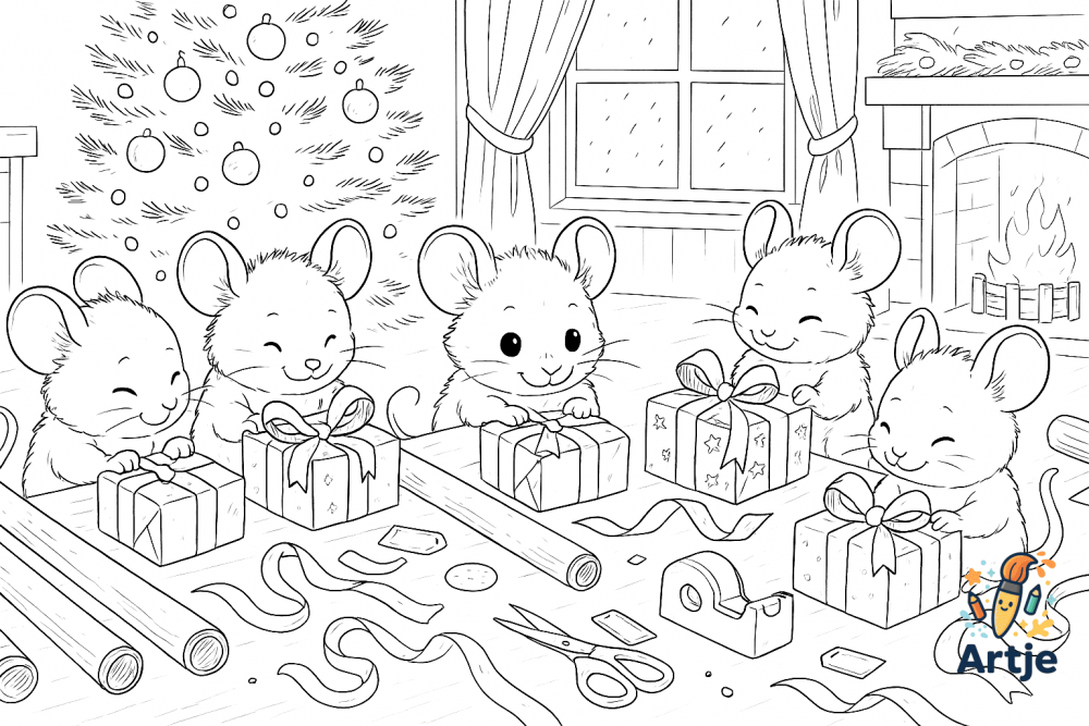 Süße Mäuse verpacken Geschenke vor dem Kamin – warmes Ausmalbild mit Weihnachtsfreude fürKinder.