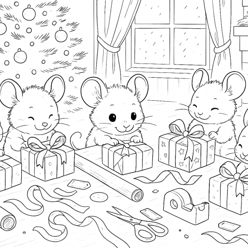 Süße Mäuse verpacken Geschenke vor dem Kamin – warmes Ausmalbild mit Weihnachtsfreude fürKinder.