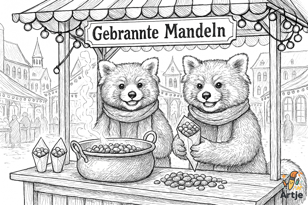 Süße rote Pandas verkaufen gebrannte Mandeln – festliches Ausmalbild für Kinder rund um Weihnachten und Winter.