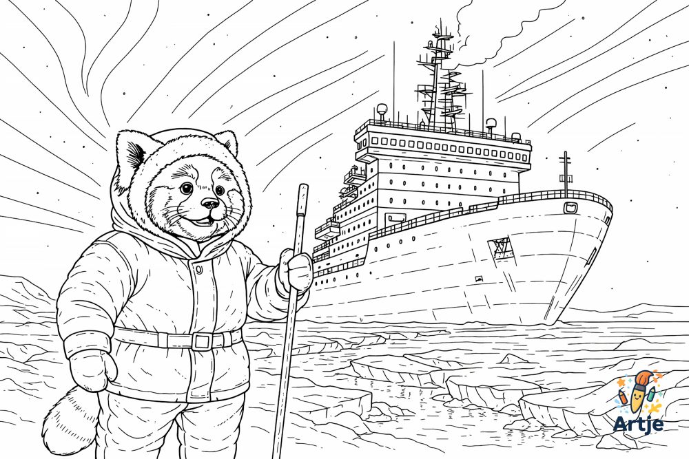 Roter Panda als Forscher vor Eisbrecher und Polarlichtern
