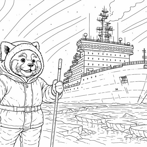 Roter Panda als Forscher vor Eisbrecher und Polarlichtern