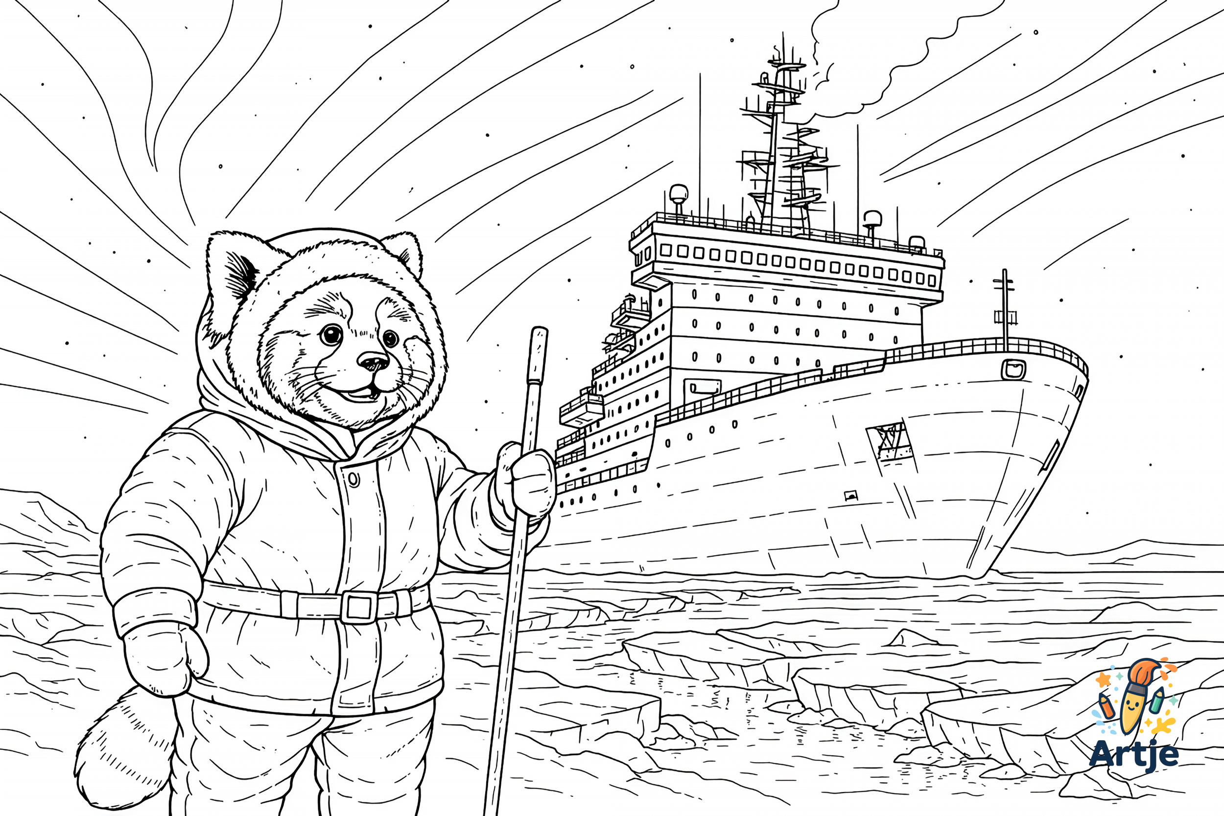 Roter Panda als Forscher vor Eisbrecher und Polarlichtern