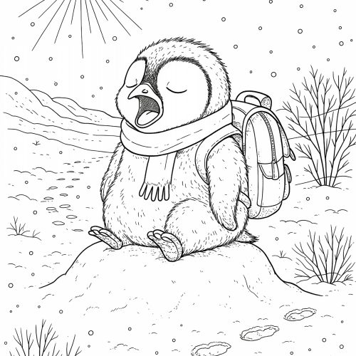 Ausmalbild wandernder Pinguin mit Rucksack