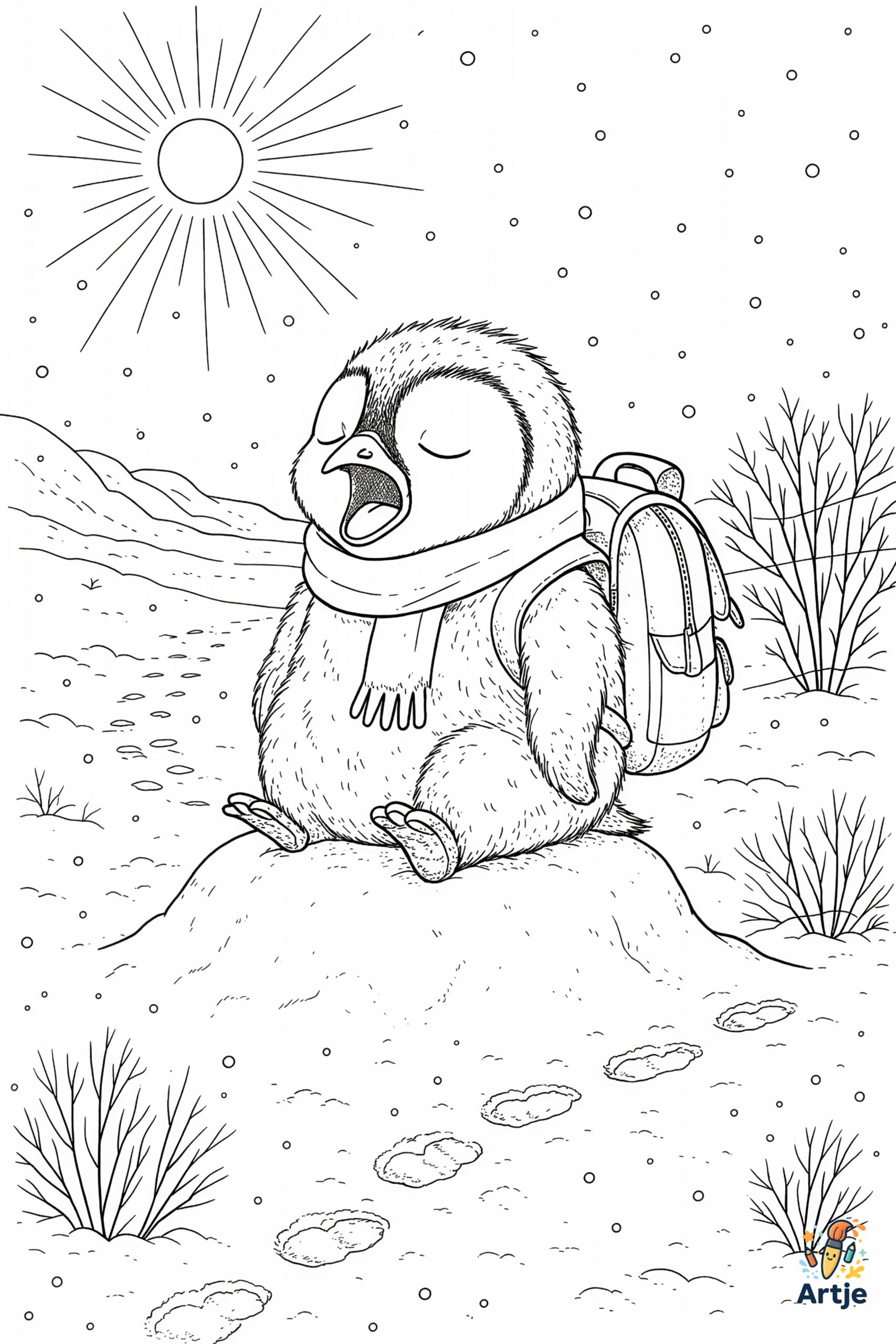 Ausmalbild wandernder Pinguin mit Rucksack