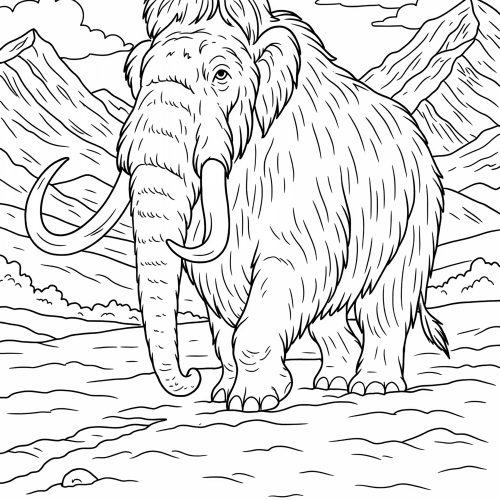 Ausmalbild Wollmammut im Schnee – Tiermotiv der Eiszeit