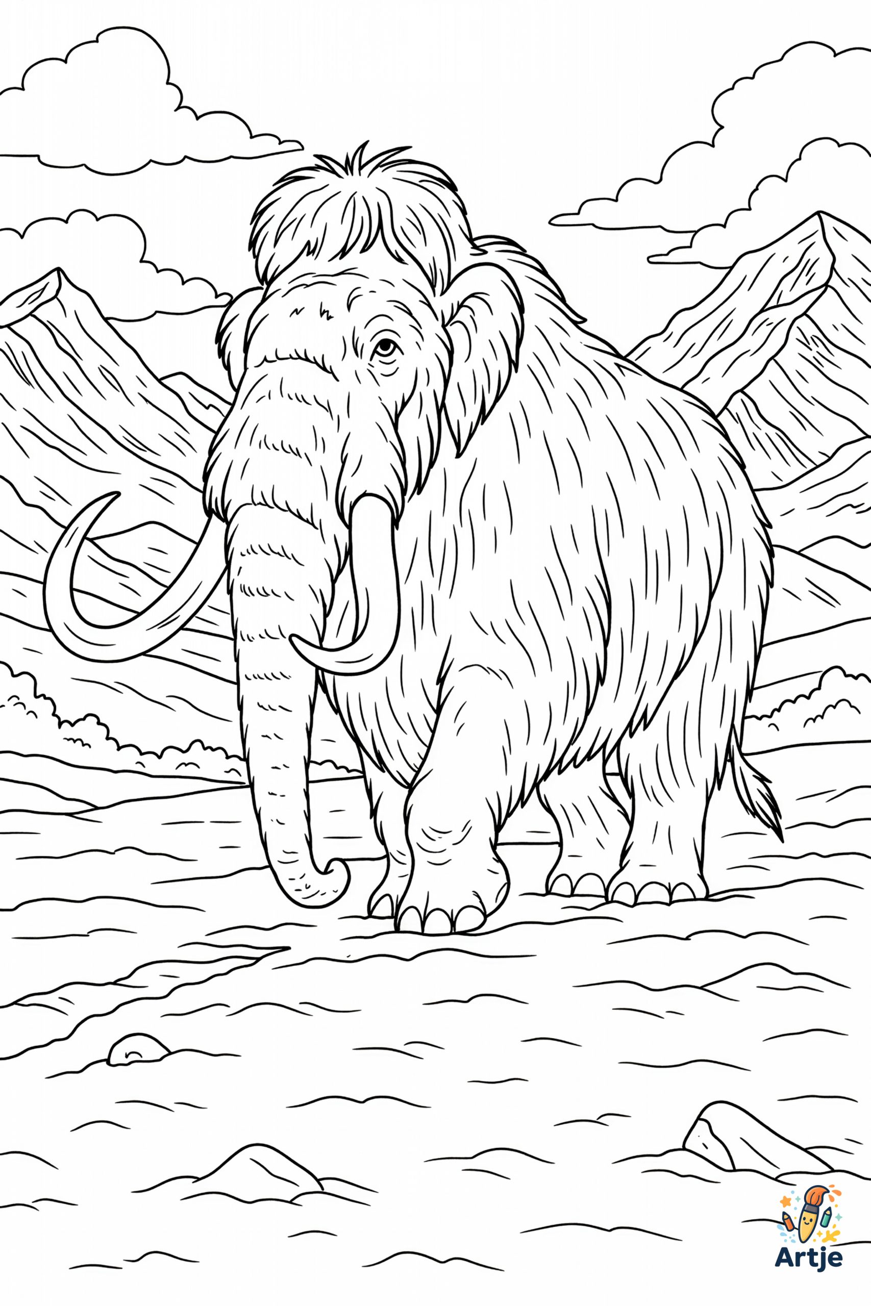 Ausmalbild Wollmammut im Schnee – Tiermotiv der Eiszeit