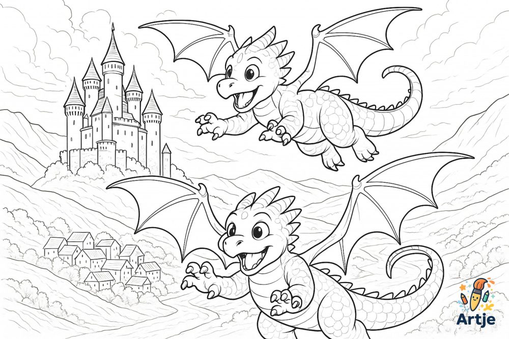 Zwei junge Drachen fliegen fröhlich über Burg und Tal in einer kindgerechten Fantasie Landschaft