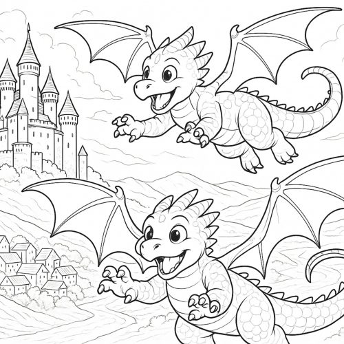 Zwei junge Drachen fliegen fröhlich über Burg und Tal in einer kindgerechten Fantasie Landschaft