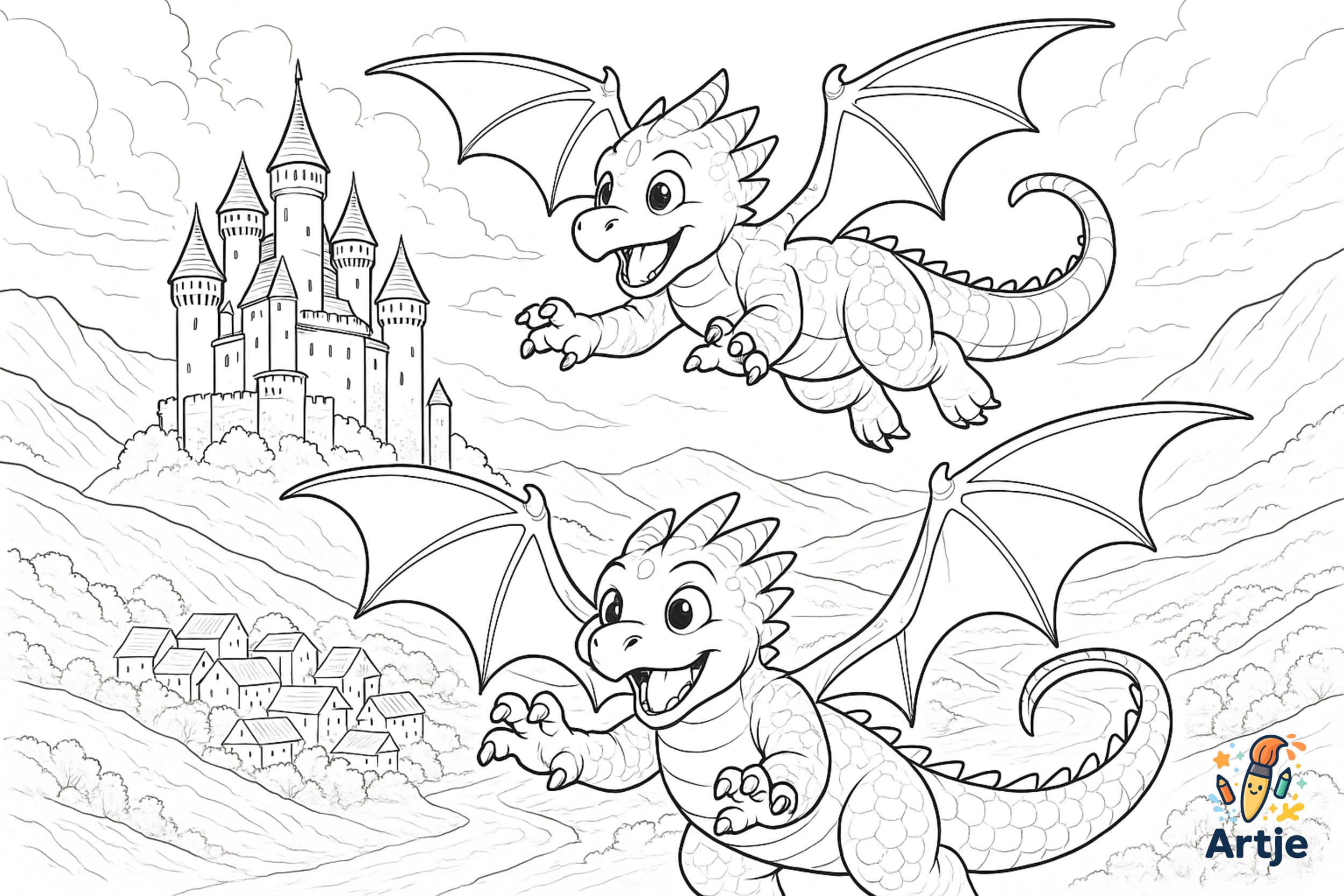 Zwei junge Drachen fliegen fröhlich über Burg und Tal in einer kindgerechten Fantasie Landschaft