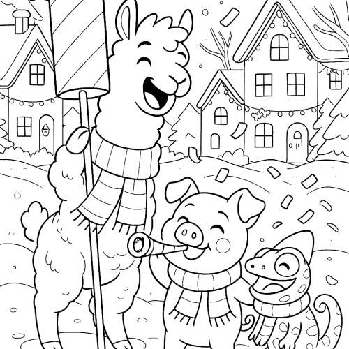 Fröhliche Tiere feiern Silvester im Schnee – detailreiches Ausmalbild zum Jahreswechsel für Kinder.