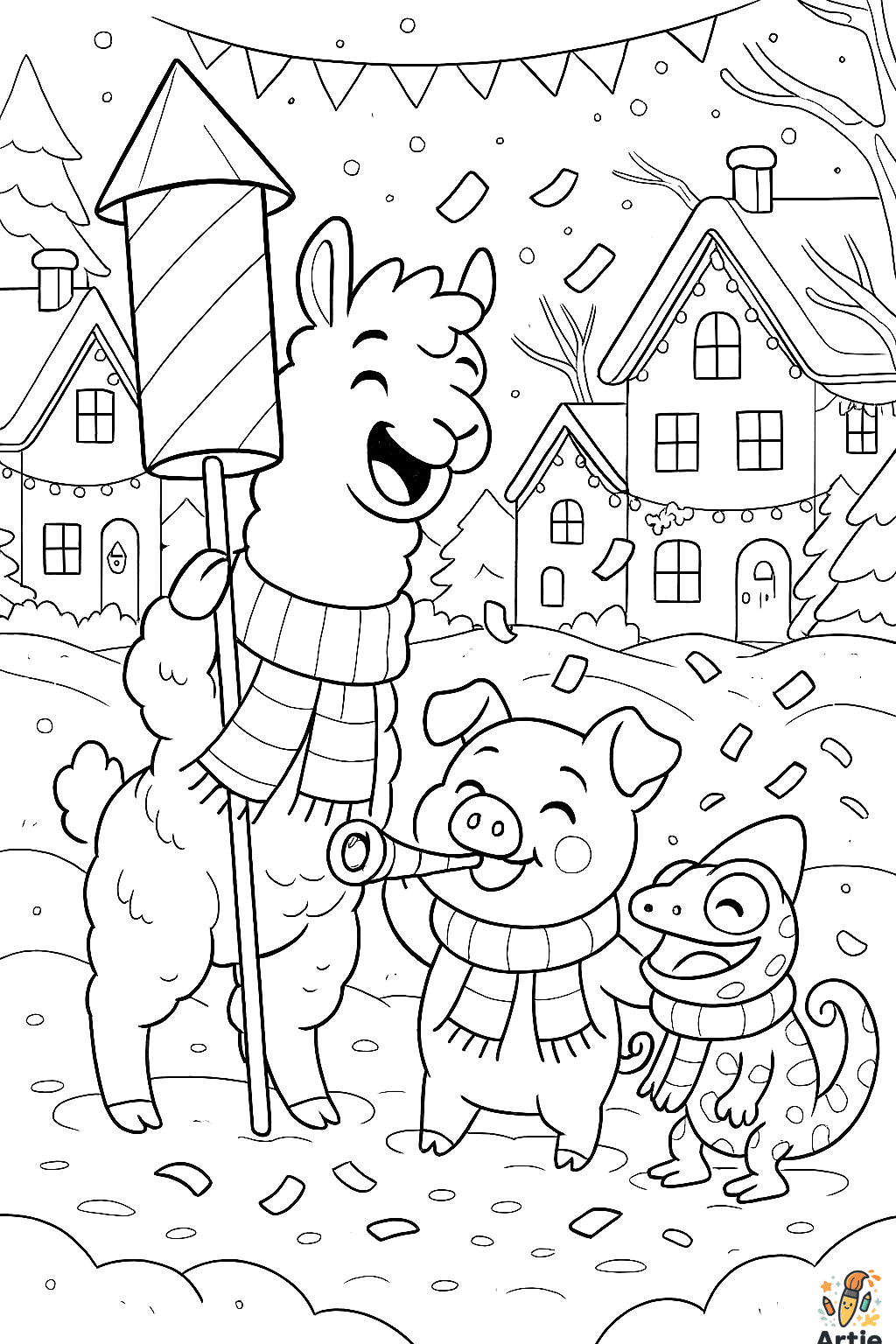 Fröhliche Tiere feiern Silvester im Schnee – detailreiches Ausmalbild zum Jahreswechsel für Kinder.