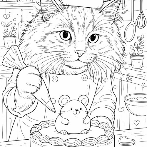 Katzenkonditor verziert Mäusetorte mit Zuckerguss