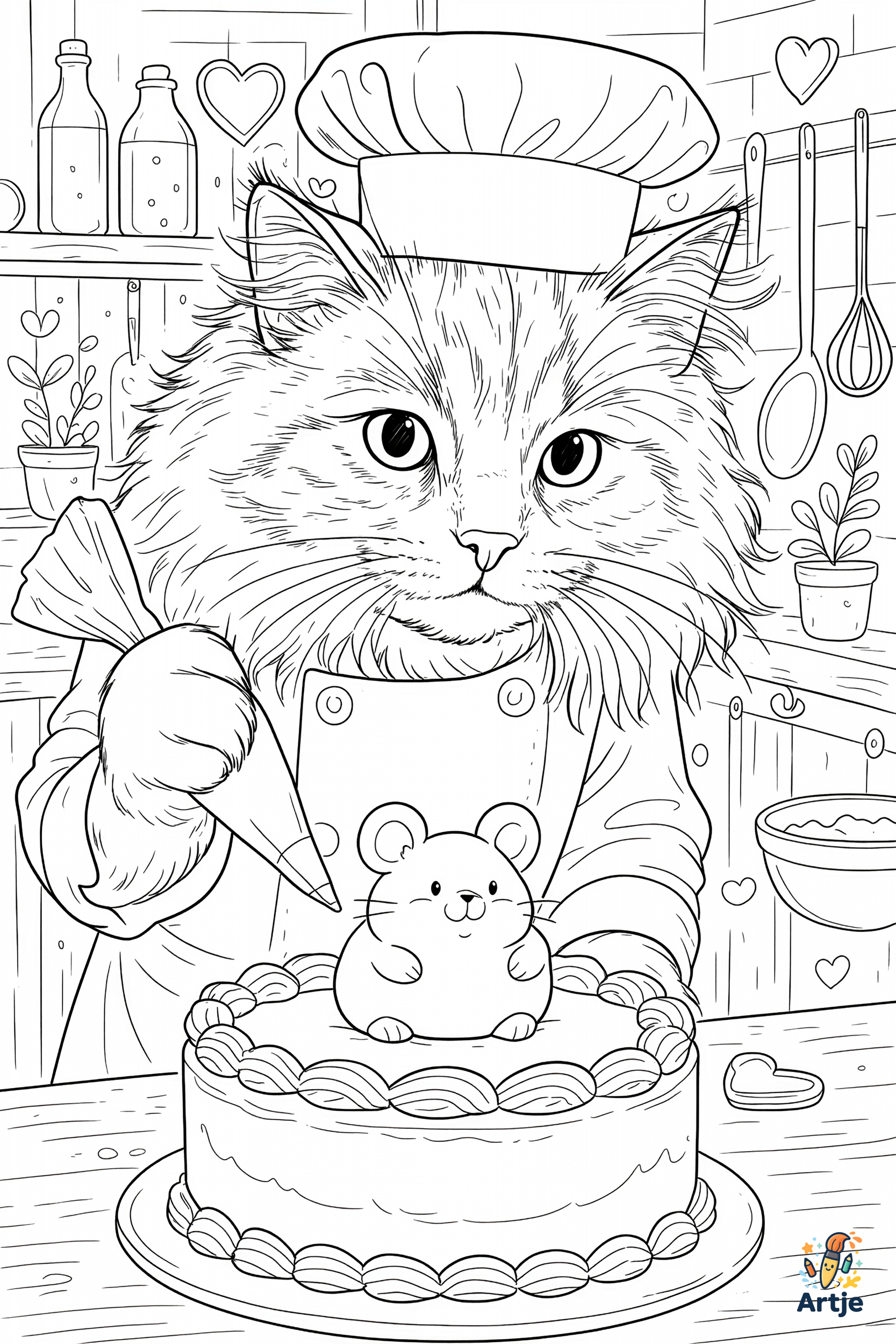 Katzenkonditor verziert Mäusetorte mit Zuckerguss