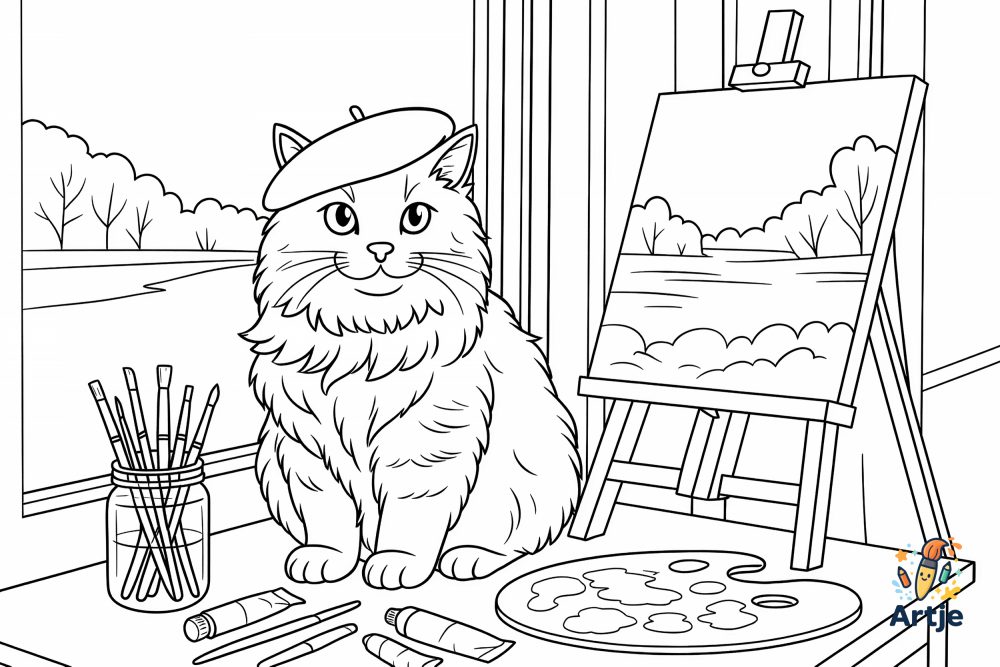 Ausmalbild Katze im Atelier mit Staffelei