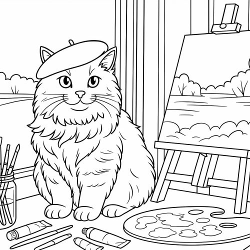 Ausmalbild Katze im Atelier mit Staffelei
