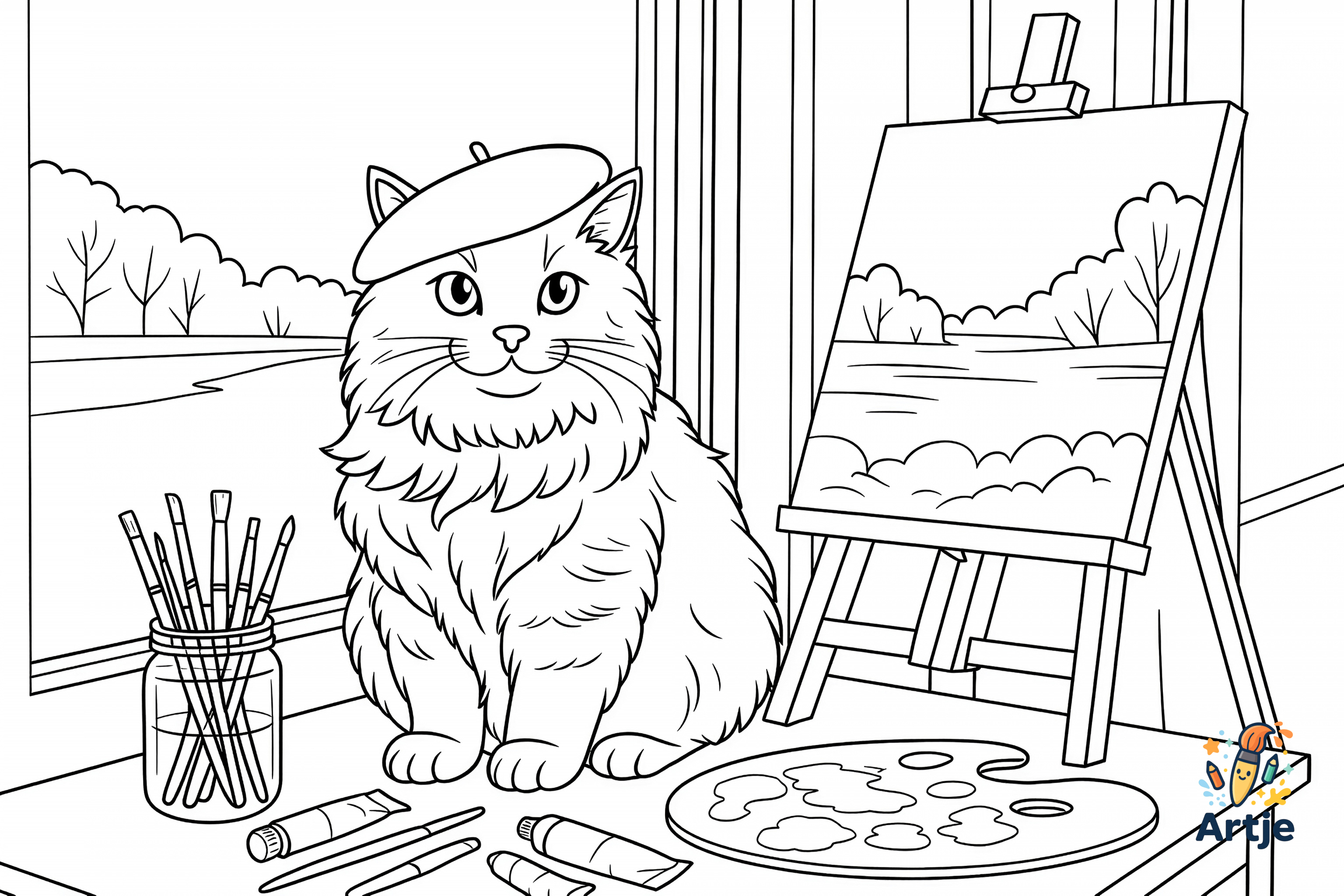 Ausmalbild Katze im Atelier mit Staffelei
