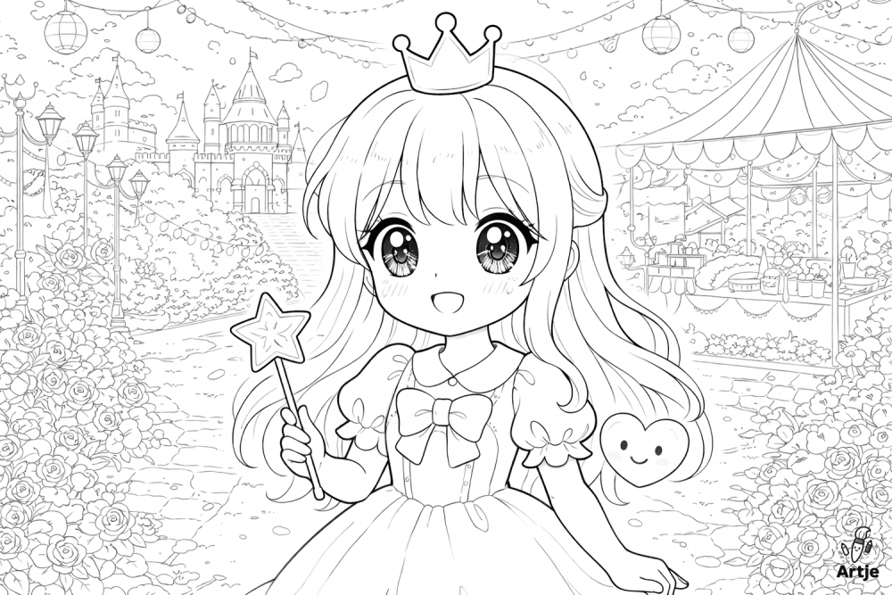 Märchenhafte Prinzessin mit Zauberstab vor Schloss