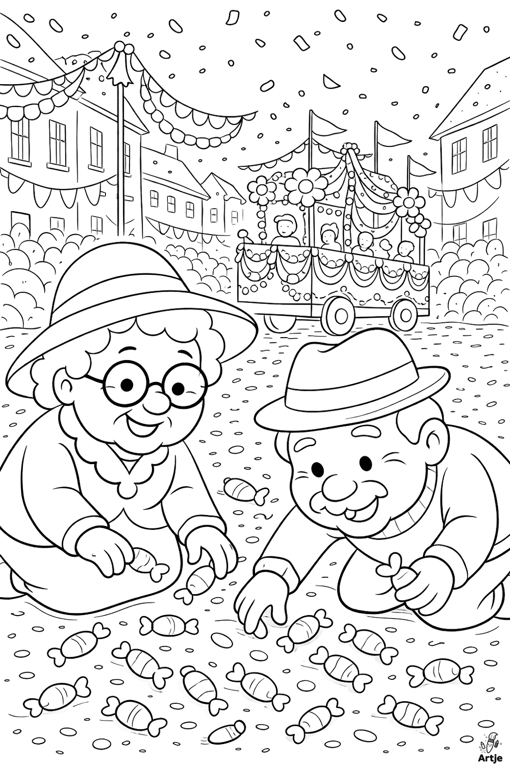 Älteres Paar sammelt Kamelle beim Karneval