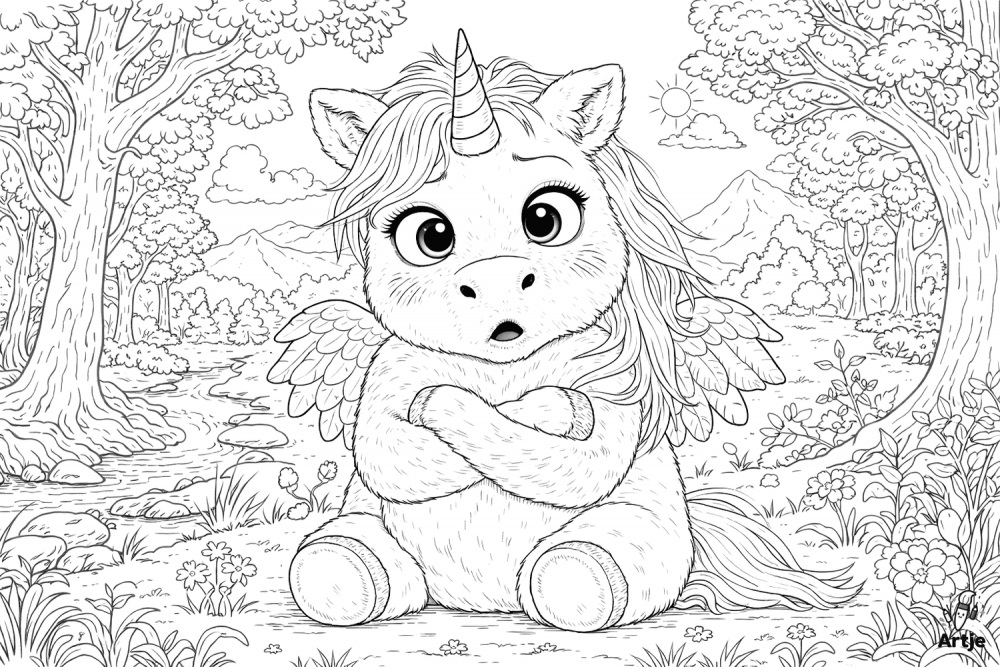 Süßes Einhorn mit Flügeln sitzt im Wald