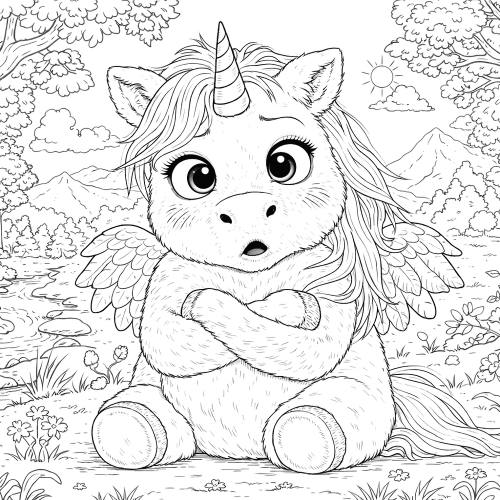 Süßes Einhorn mit Flügeln sitzt im Wald