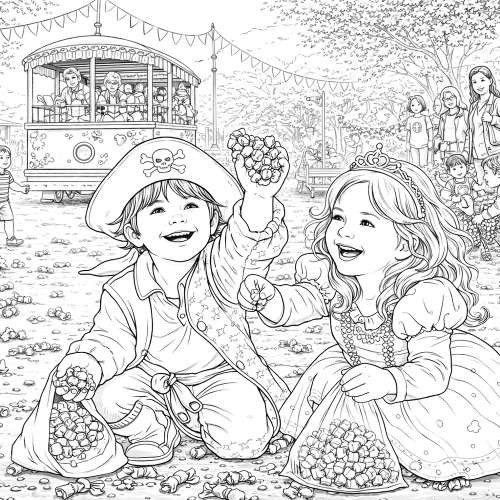 Verkleidete Kinder sammeln Kamelle beim Karnevalsumzug