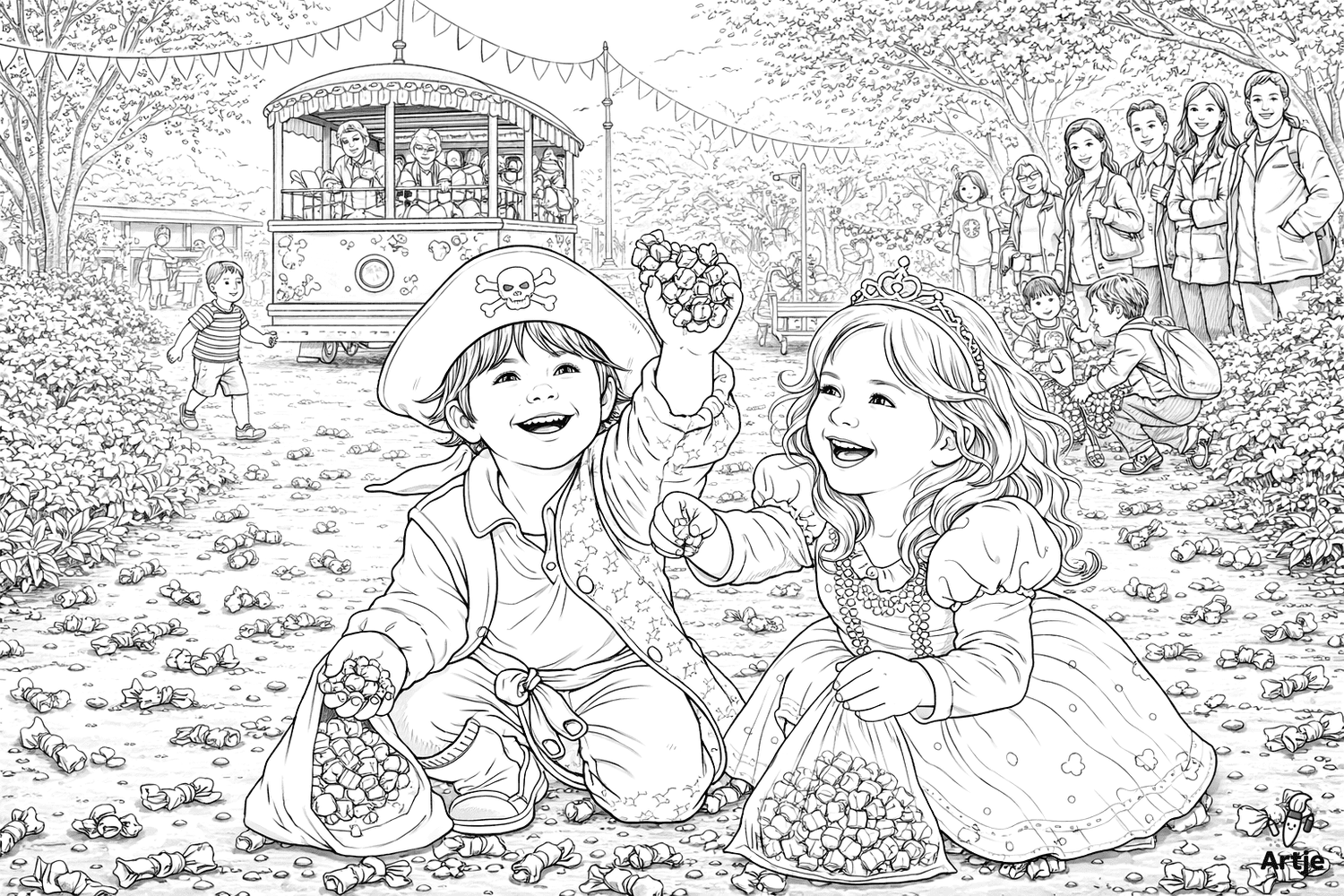 Verkleidete Kinder sammeln Kamelle beim Karnevalsumzug