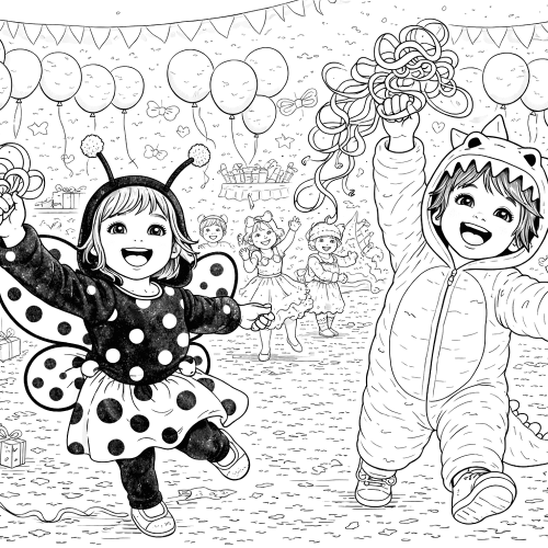 Verkleidete Kita Kinder feiern Karneval mit Luftballons