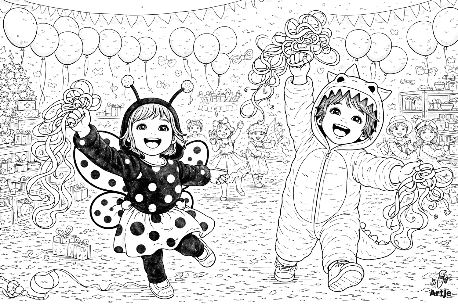 Verkleidete Kita Kinder feiern Karneval mit Luftballons