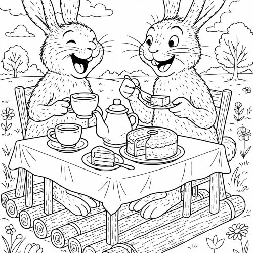 Hasenpicknick mit zwei Hasen beim Tee trinken und Kuchen essen auf einer Frühlingswiese