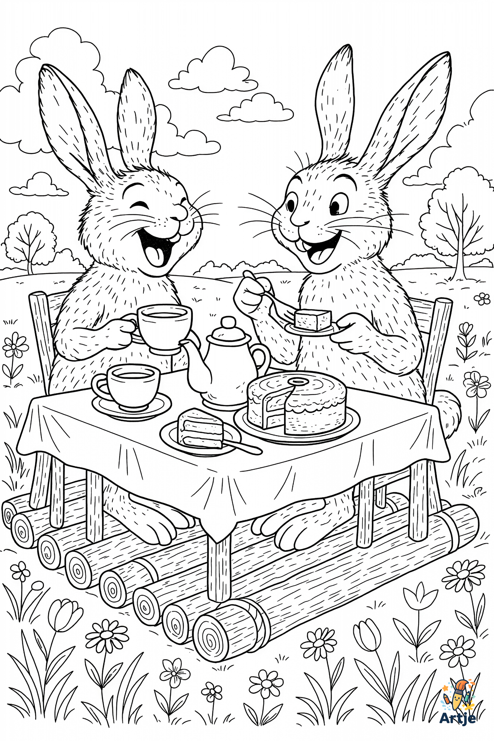 Hasenpicknick mit zwei Hasen beim Tee trinken und Kuchen essen auf einer Frühlingswiese