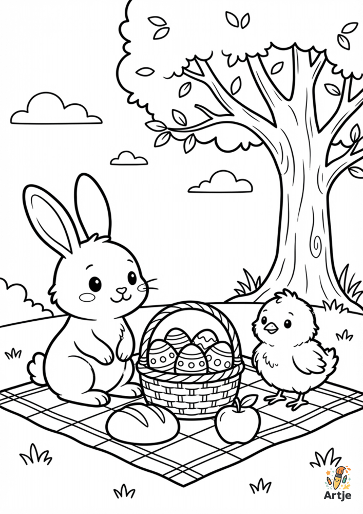 Häschen und Küken beim Picknick mit Ostereierkorb auf karierter Decke unter einem Baum zum Ausmalen