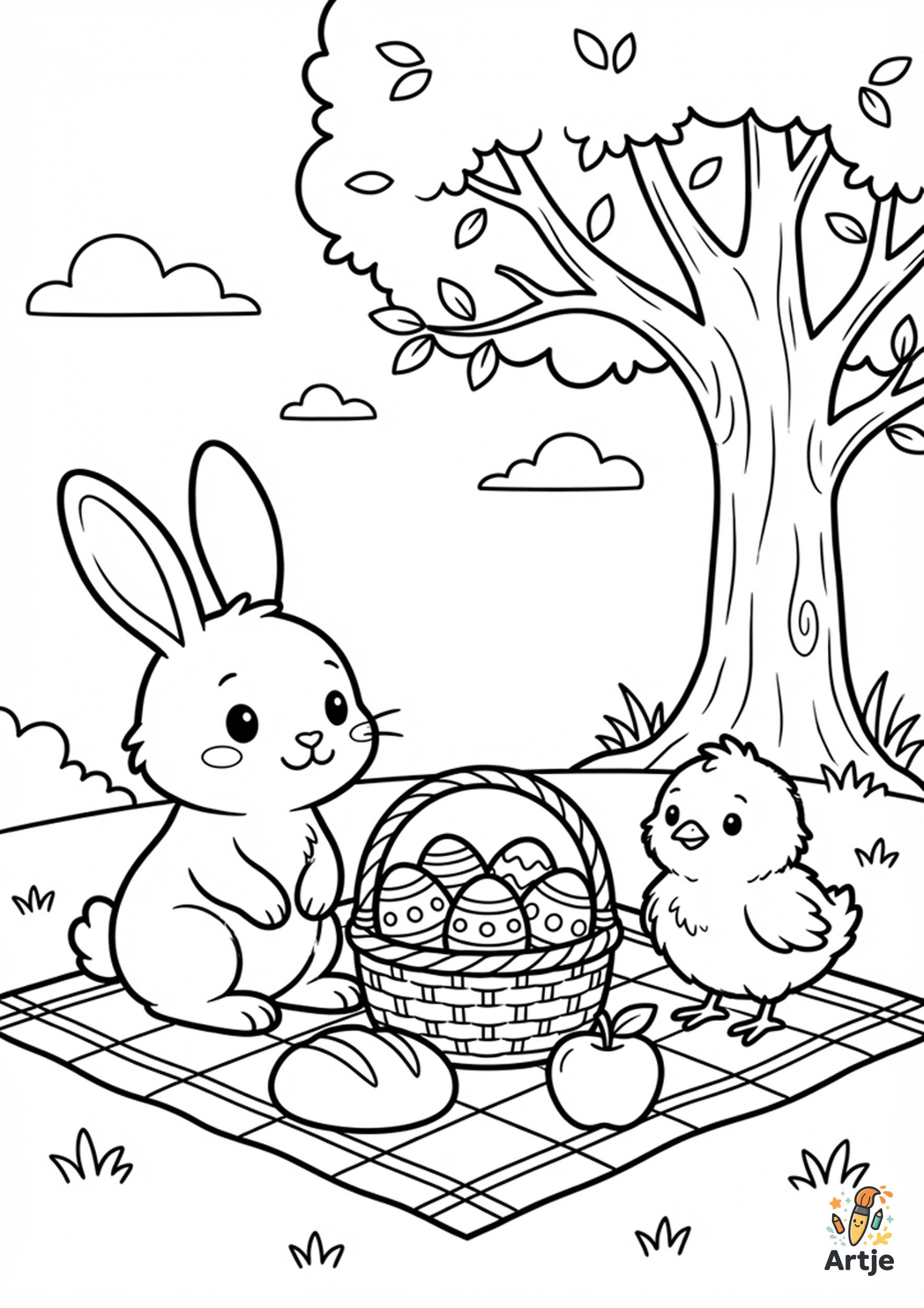 Häschen und Küken beim Picknick mit Ostereierkorb auf karierter Decke unter einem Baum zum Ausmalen