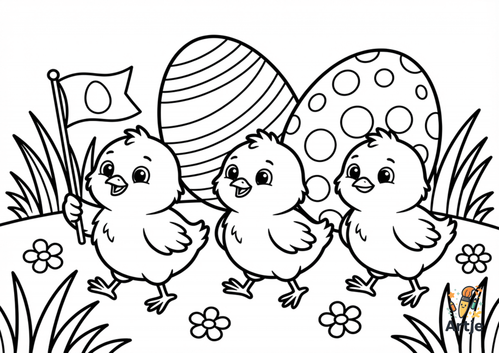 Drei süße Küken auf einer Wiese vor großen Ostereiern mit Blumen und Fahne als Oster Ausmalbild