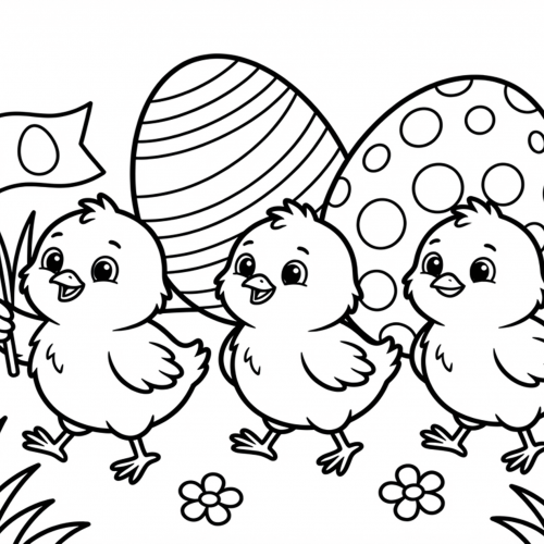 Drei süße Küken auf einer Wiese vor großen Ostereiern mit Blumen und Fahne als Oster Ausmalbild