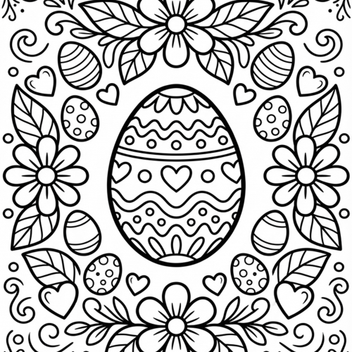 Osterei Mandala Ausmalbild mit Blumen, Herzen, Ornamenten und kleinen Ostereiern