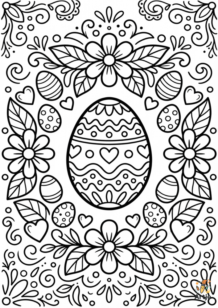 Osterei Mandala Ausmalbild mit Blumen, Herzen, Ornamenten und kleinen Ostereiern