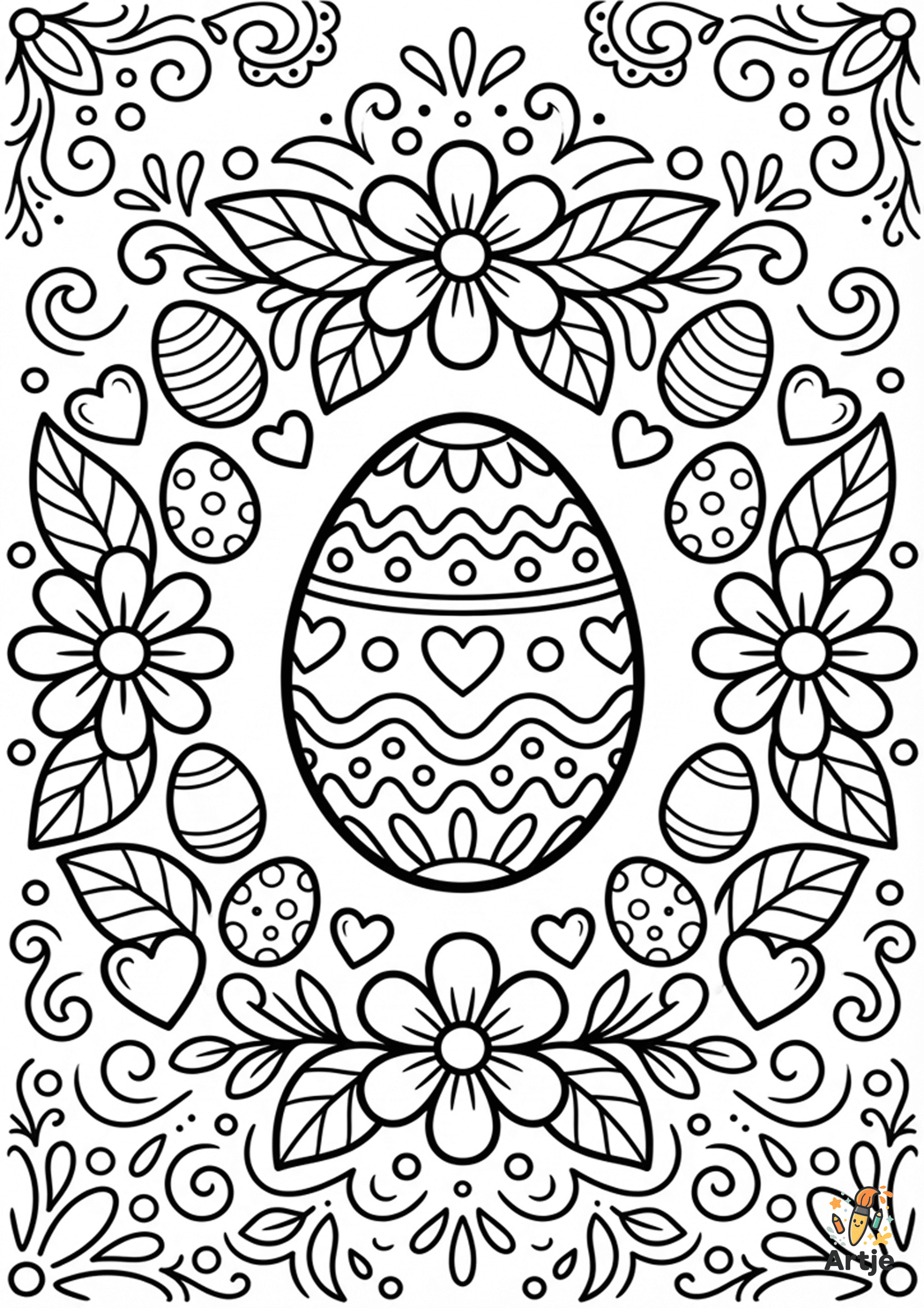 Osterei Mandala Ausmalbild mit Blumen, Herzen, Ornamenten und kleinen Ostereiern